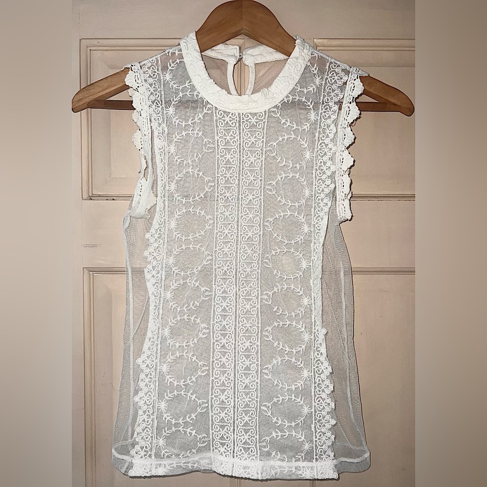 White Lace Sleeveless Top (See-Through)